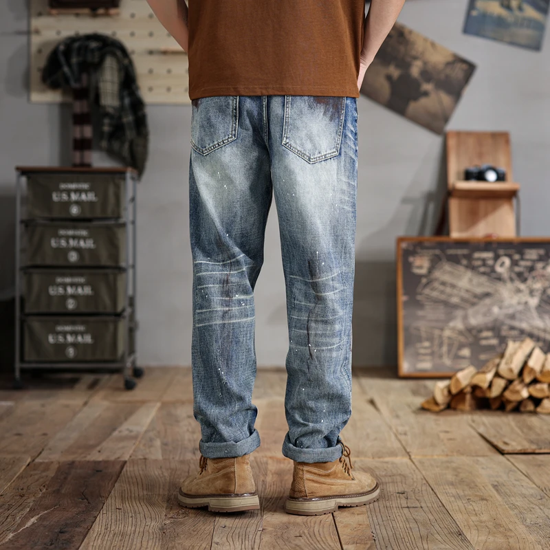 28-48Large Size Men's Jeans Broken Hole Design Distressed Retro Loose Straight Street Trend Fashion Fat Guy's Pants
