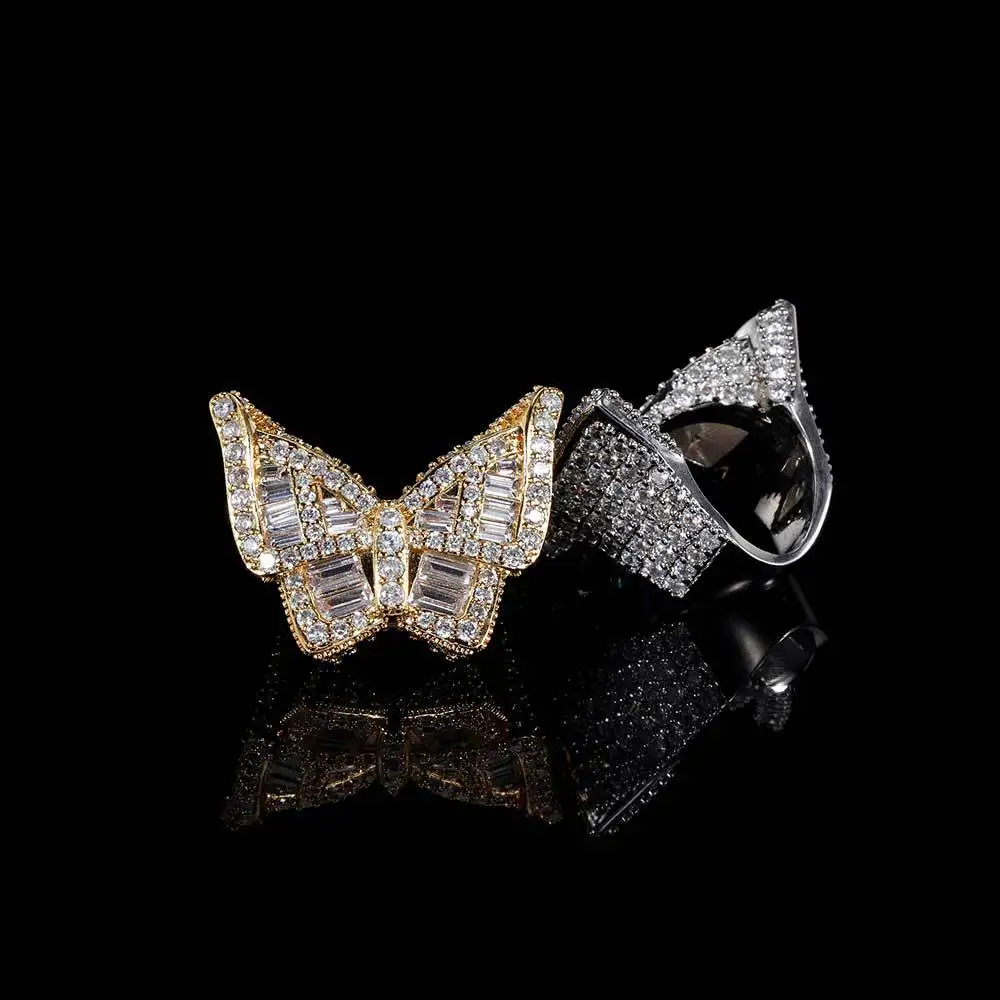 

Hiphop Mix Set Zircon Butterfly Ring with True Gold Electroplated Trendy People Exaggerate HiphopBling Mens and Women Rings