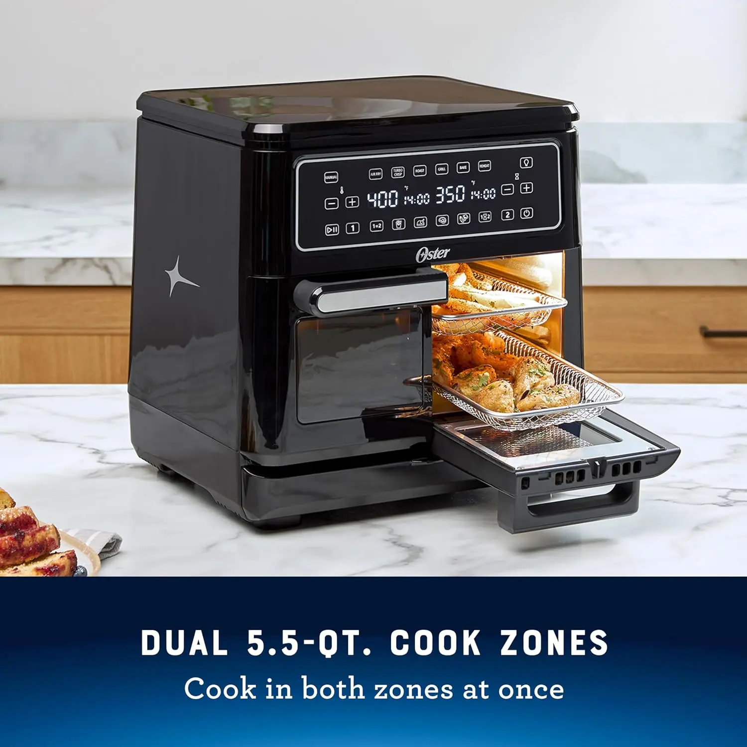 Large 11-Quart Dual Air Fryer Oven Featuring 2 Cooking Zones, 6 Cooking Functions, and 2 Baskets