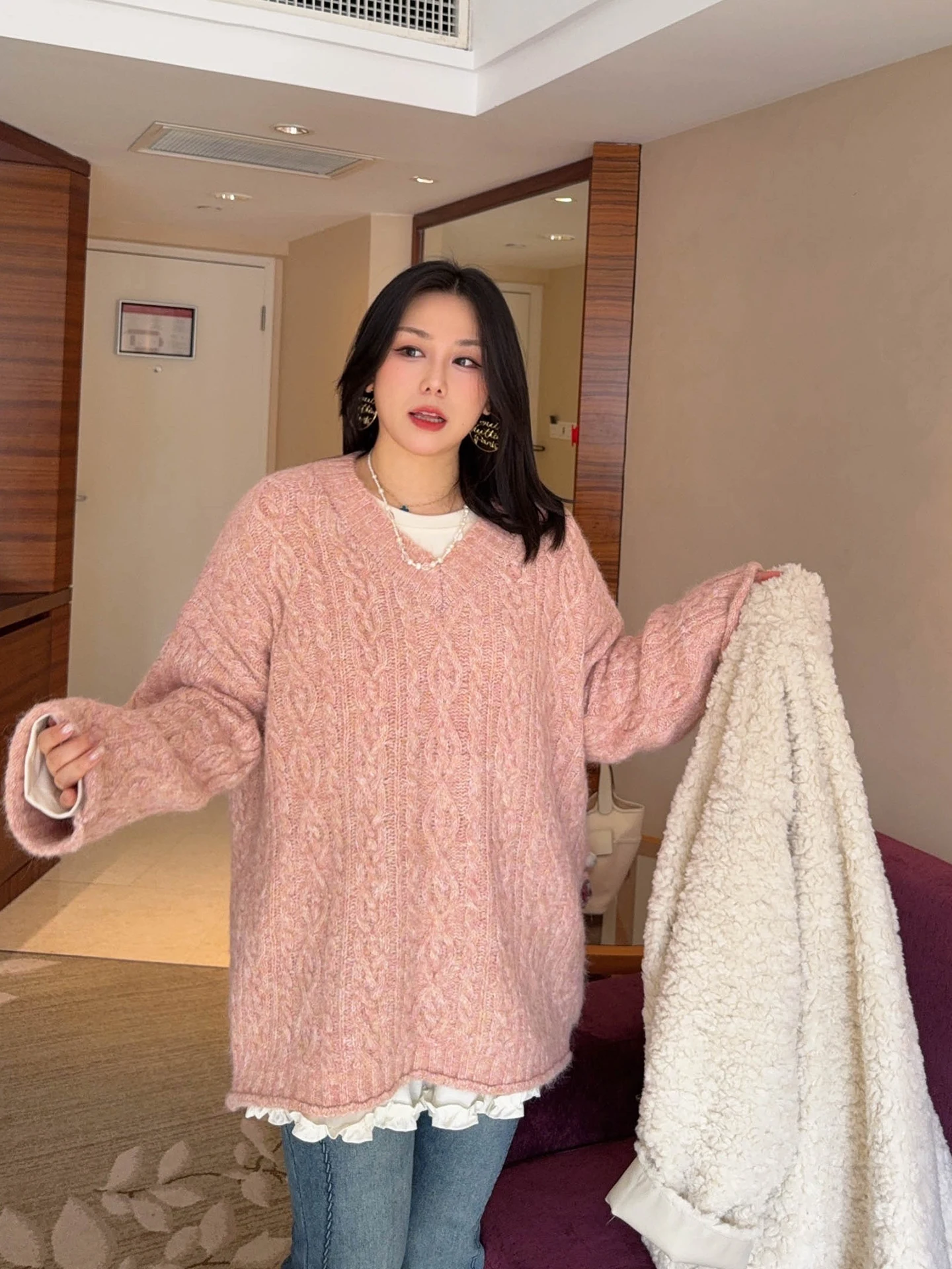 

VOGANA женский шерстяной свитер большого размера с v-образным вырезом, вязаный теплый топ, ленивый трикотаж, зимняя мода, корейский сле