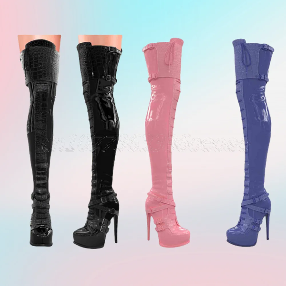 

Buckle Belts Side Zipper Boot Thigh High Platform Patent Leather Shoe for Women Thin High Heels Fashion 2025 Zapatos Para Mujere