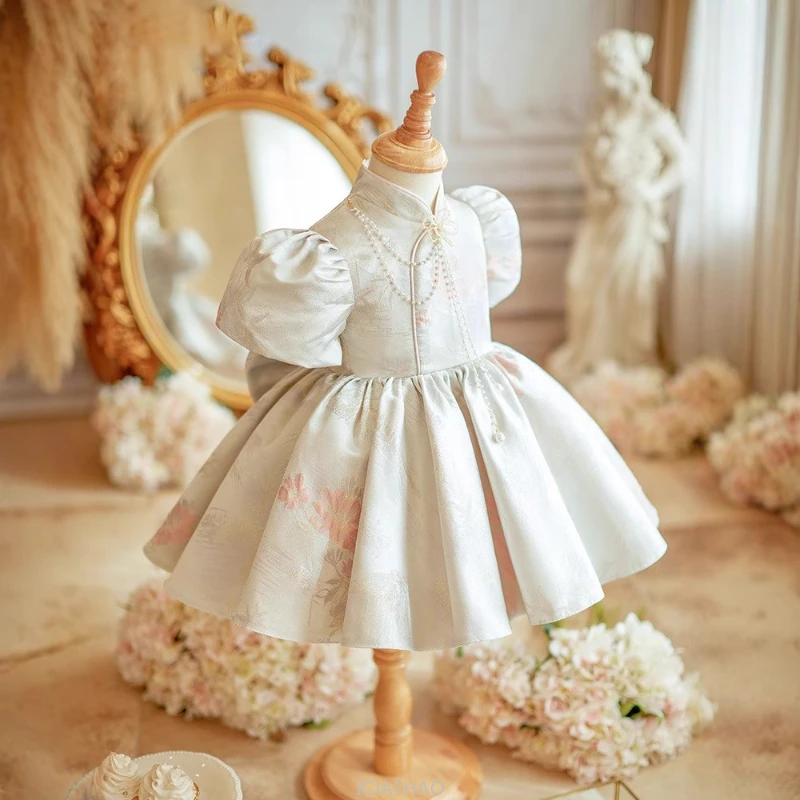

2025 New Baby Girl 1st Birthday Satin Ball Gown Chinese Wedding Party Formal Occasion Dress Flower Girl Princess Outfit Toddler