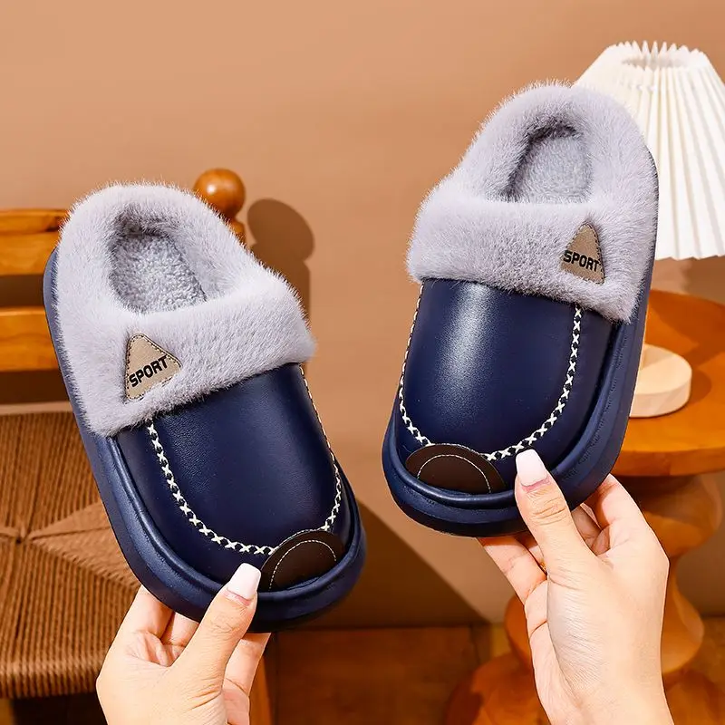 Kids Adults Warm Winter Slippers EVA Sole PU Leather Waterproof Soft Plush Lined Non Slip Home Indoor Shoes for Family