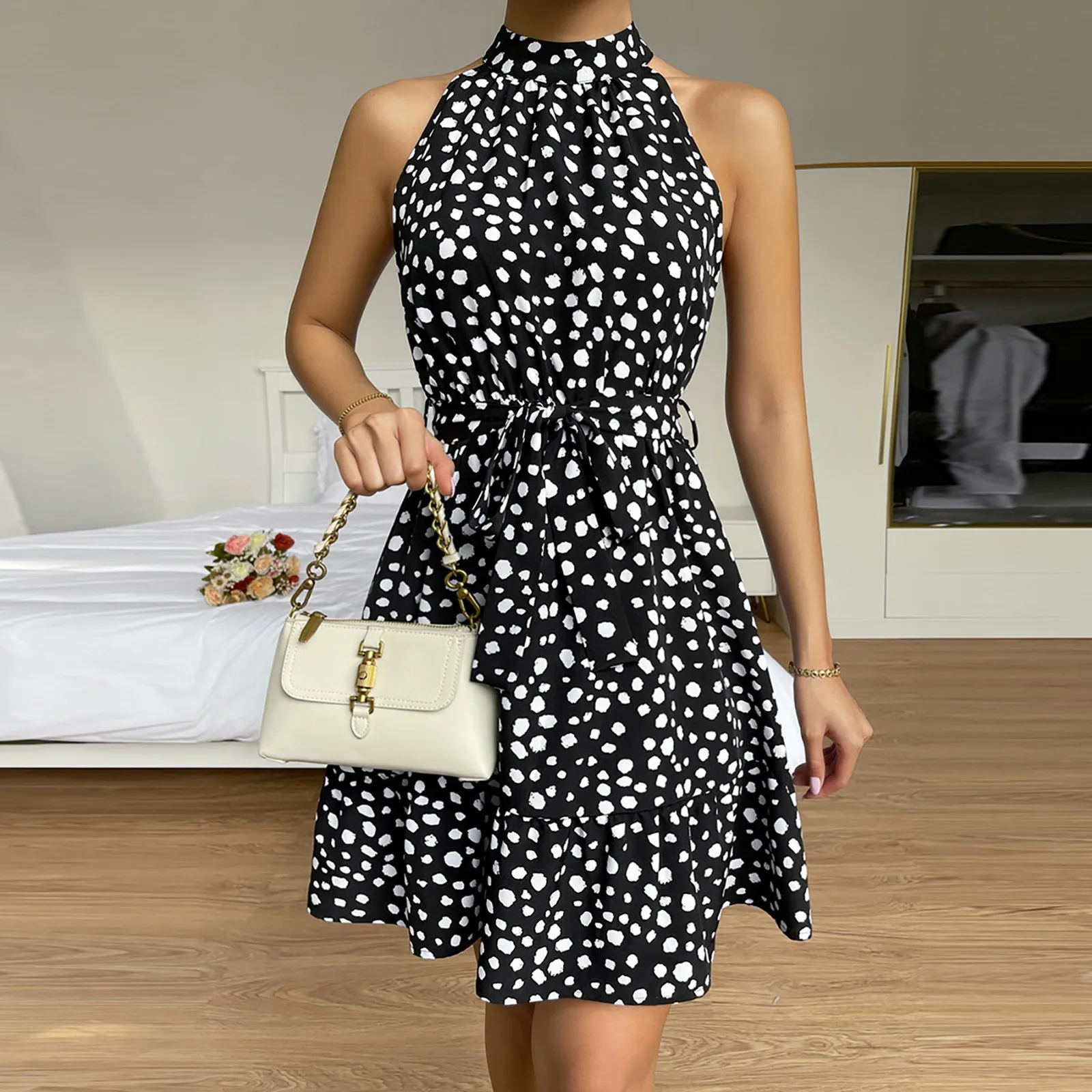 

Elegant Dot Print Party Halter Dresses for Women Sexy Backless Elastic Waist Tiered Mini Dress Boho Sleeveless Vintage Vestidos