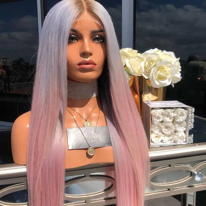 Popular classic style, highlighted black, blue, and pink, women's long straight hair wig, lightweight and long bangs