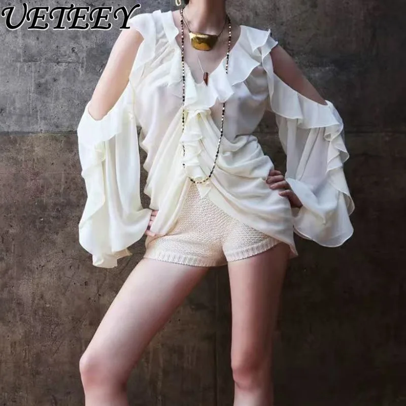 

Temperament Sweet Style Blouse Women's 2025 Summer New Fashion Ruffle Edge Pleated Design Tops Off-the-shoulder Shirt