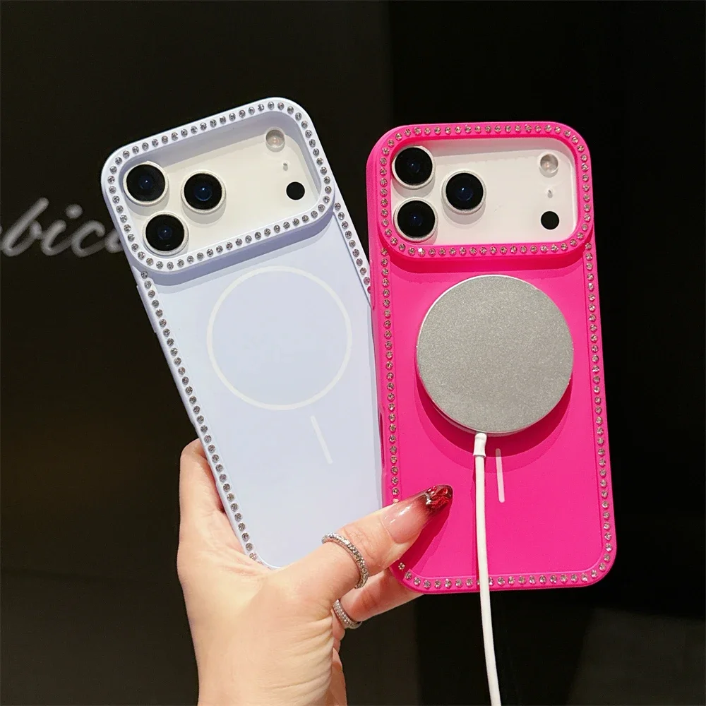 Luxo diamante para magsafe carga sem fio caso transparente para iphone 17 ar 16 15 14 13 12 pro max plus magnético pára-choques capa