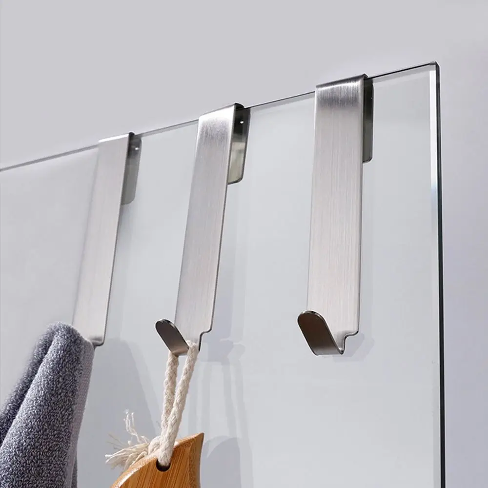 

Silver Stainless Steel Double Side Hooks Drilling Free Punch Free Shower Door Hook Hanging Waterproof Towel Hooks Bathroom