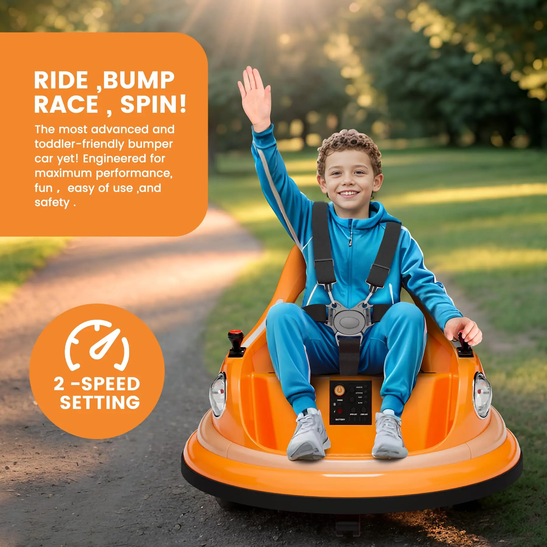 12V Electric Bumper Car Ride-On for Toddlers & Kids - Parent Remote Control - 2 Speeds & 2 Driving Modes - 360° Spin, Music & LED Lights - 5-Point Belt