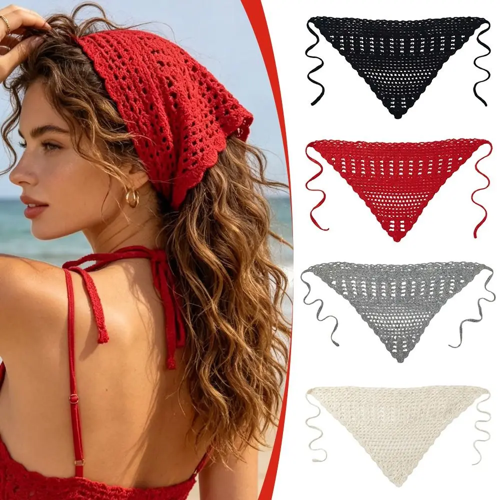 Sweet Hollow Out Knitted Headband Soft Handmade Hair Scarf Solid Color Triangle Headscarf Bandana Women