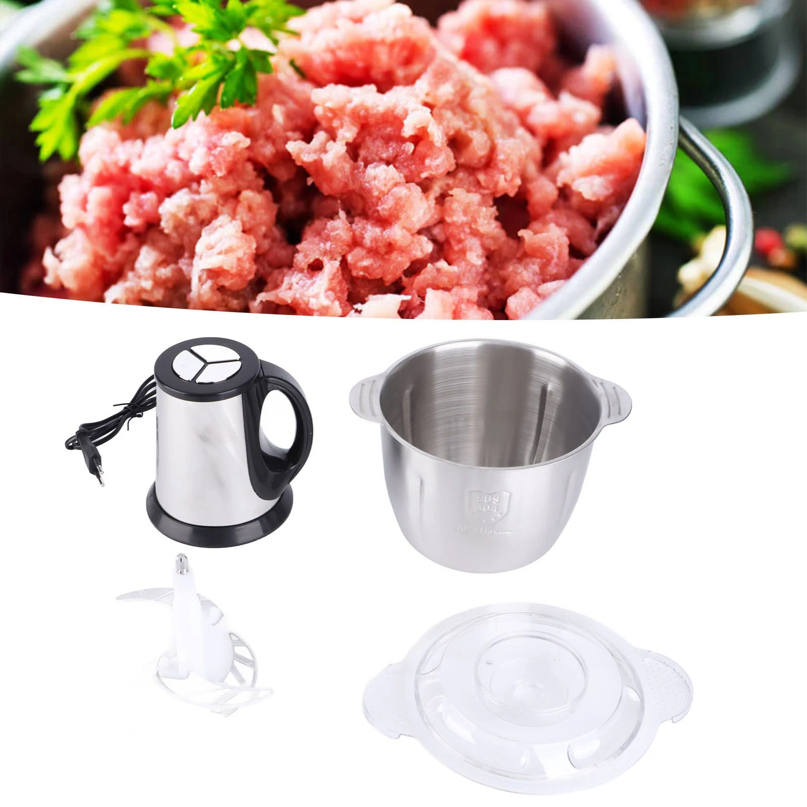 3L Electric Food Chopper Stainless Steel Meat Blender Multifunctional 600W Shockproof with 4 Blades for Kitchen 220V