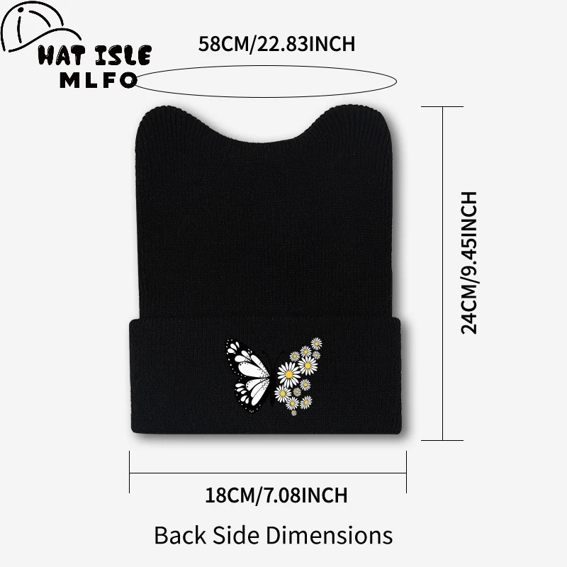Charming Popular Cat Ear Beanie, Butterfly Daisy Floral Print, For Daily Street Look, Easter & Holiday Weekend Hangout