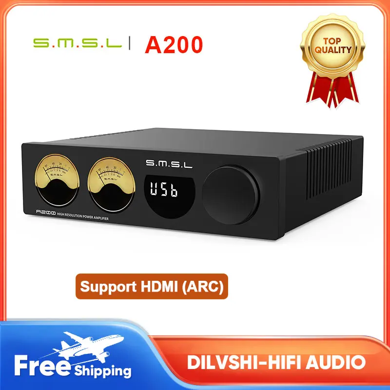 SMSL-A200 Amplificador de áudio com controle remoto, Bluetooth 5.0, HDMI-ARC, USB, potência digital, ajustável, graves, agudos, alta resolução