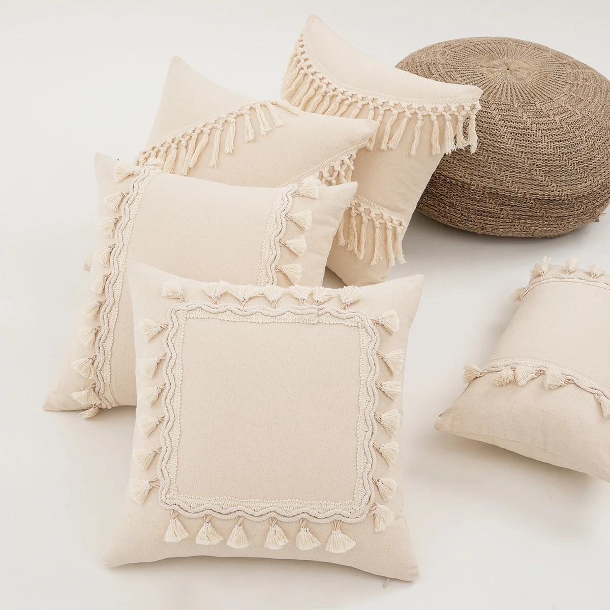 45x45cm Boho Throw Pillow Covers with Tassels Cotton Linen Tufted Woven Farmhouse Gift Decorative Pillow Cover for Couch Bed Car