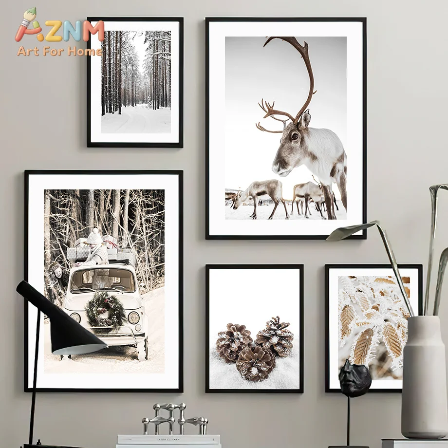 Christmas Gift Van Deer Pine Flower Snow Nordic Posters Minimalist Print Canvas Painting Wall Art for Living Room Home Decor