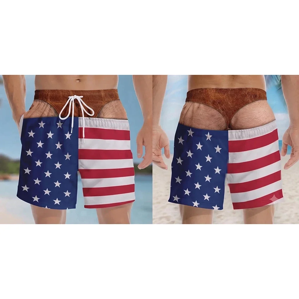Novelty Men Swim Trunks White Hibiscus Tropical Leaf Fake Thong Rear Cut‑out Moderate Length Quick Dry