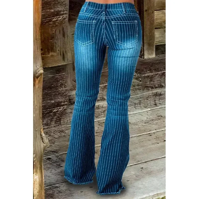 Jean à rayures femmes taille moyenne pantalon évasé dames pantalon femme décontracté mince été bouton haute élasticité élégant bureau dame
