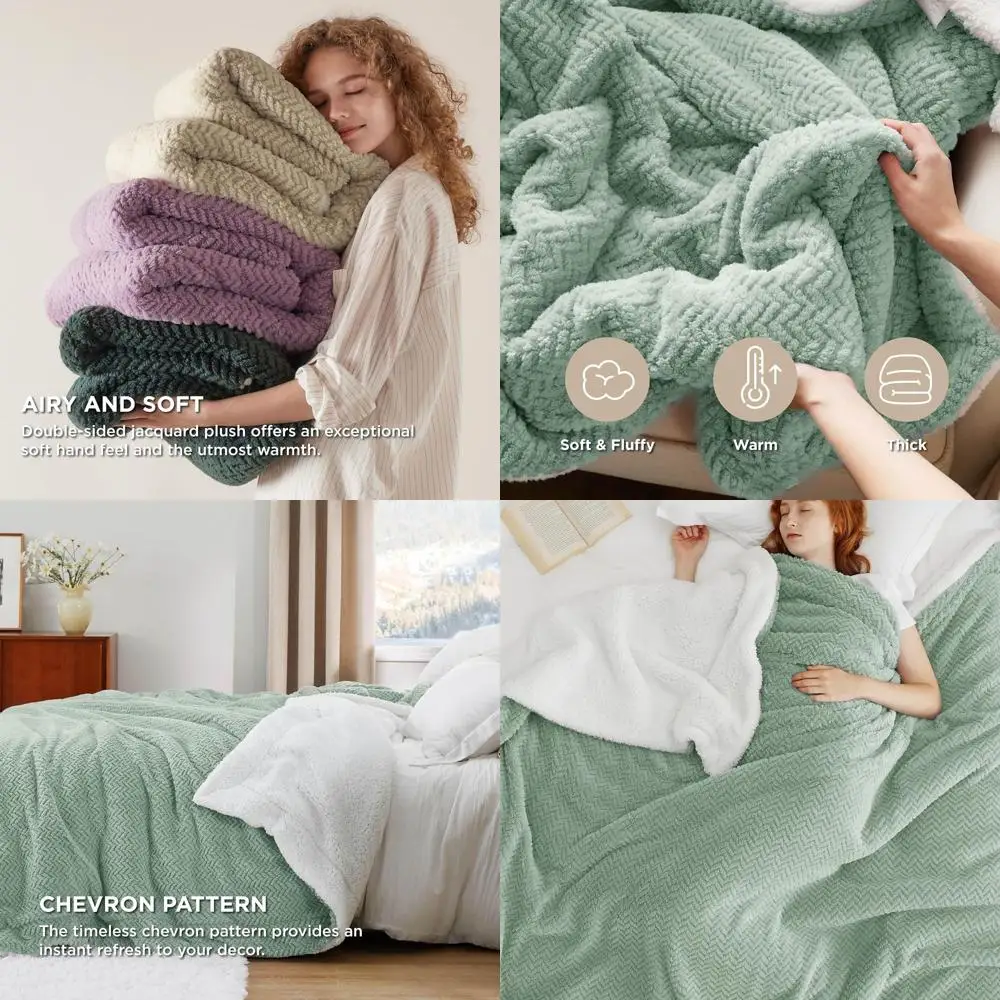 

Плед из шерпа-флиса с узором «ёлочка» - салатово-зелёный, плюшевый и тёплый для зимы, 108x90