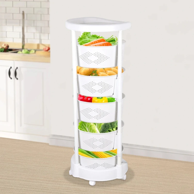 5-Tier Rotating Storage Shelf 50KG Load 180° Swivel PP Rolling Storage Rack with Universal Casters for Kitchen Bathroom Office