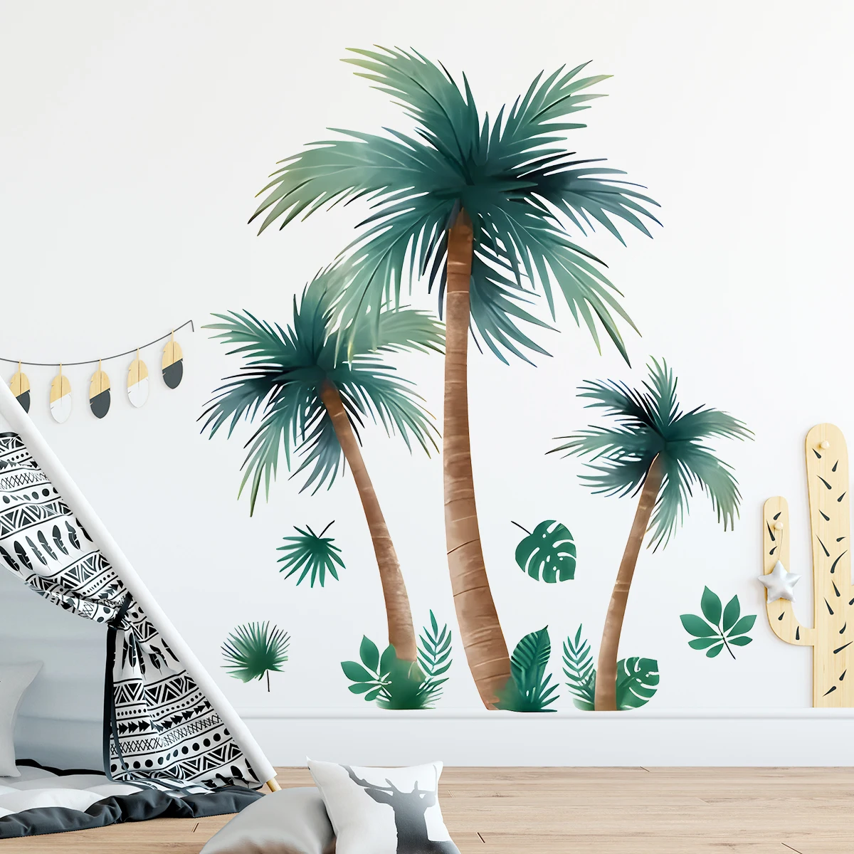 Watercolor Coconut Tree Palm Tree Beach Landscape Wall Sticker Removable for Bedroom Living Room Foyer Decoration Wall Decals