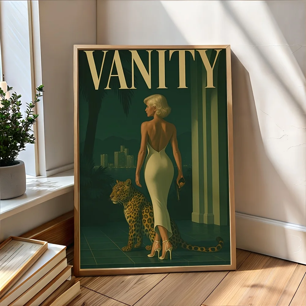Retro leopard and blonde lady canvas wall decoration painting, 2D print