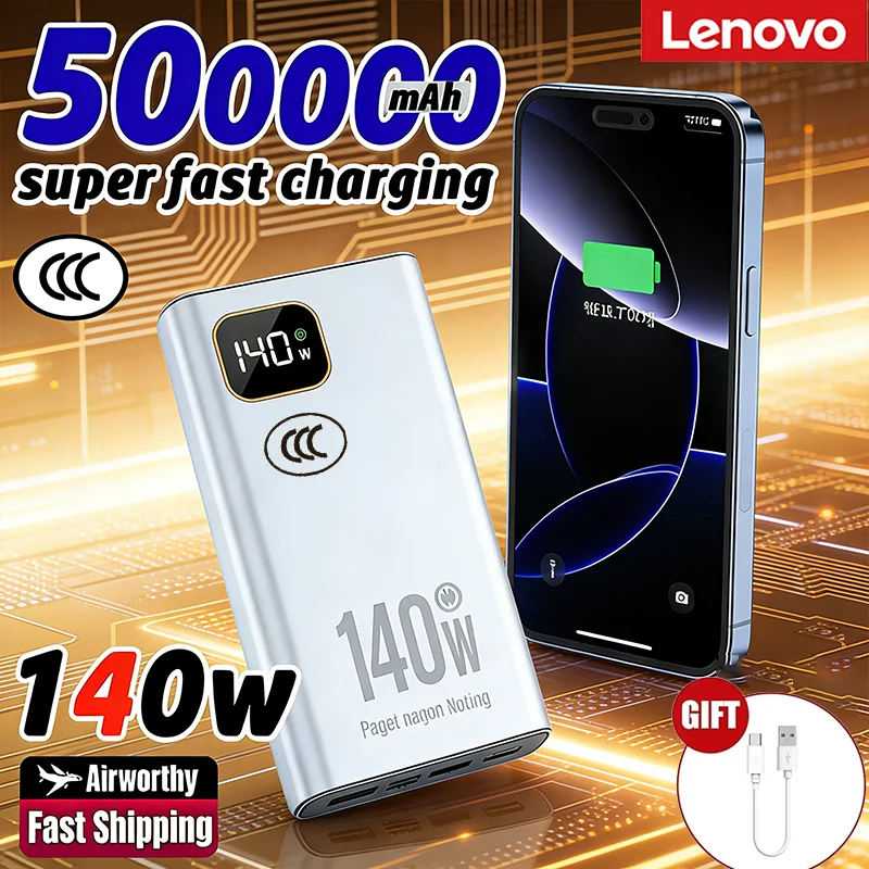 Lenovo New 500000mAh High Capacity 140W Super Fast Charging Power BankCCC Portable Battery Charger for iPhone 12-17 Samsung Vivo