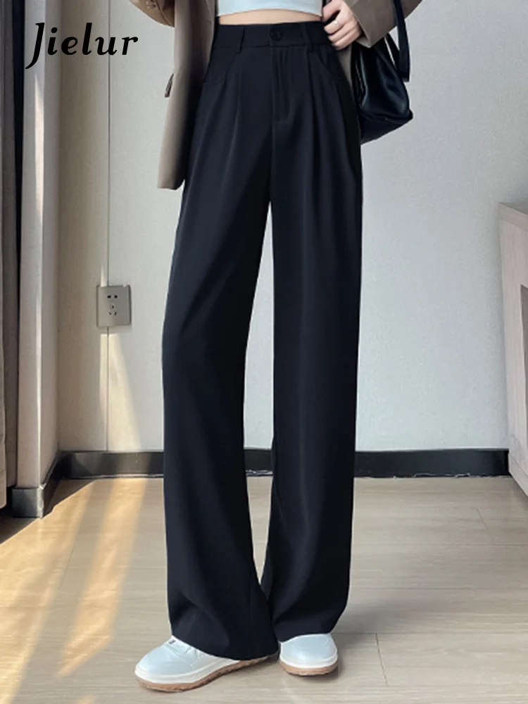 Jielur High Waist Straight Loose Female Wide Leg Pants Classic Fashion Casual Office Ladies Chic Pockets Solid Color Women Pants