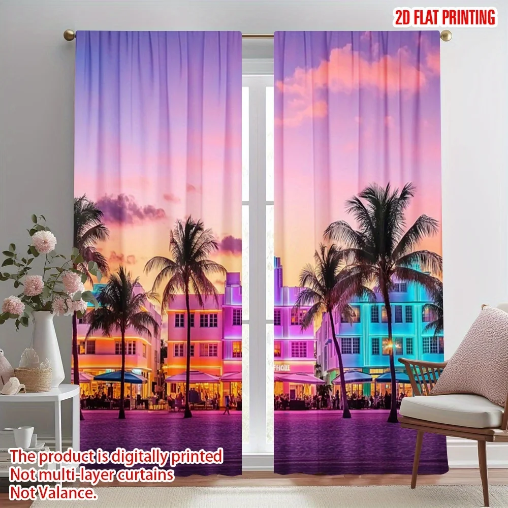 Miami Sunset Curtain, Tropical Palm Tree Window Drape, Art Deco City Blackout Panel, Living Room Bedroom Home Decor
