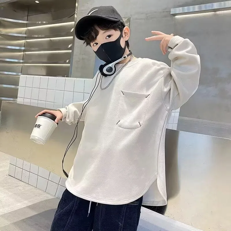 

Толстовка для мальчиков, футболка с длинными рукавами, весна 2025, новый однотонный простой стильный повседневный топ для больших детей от 6 до 8 лет