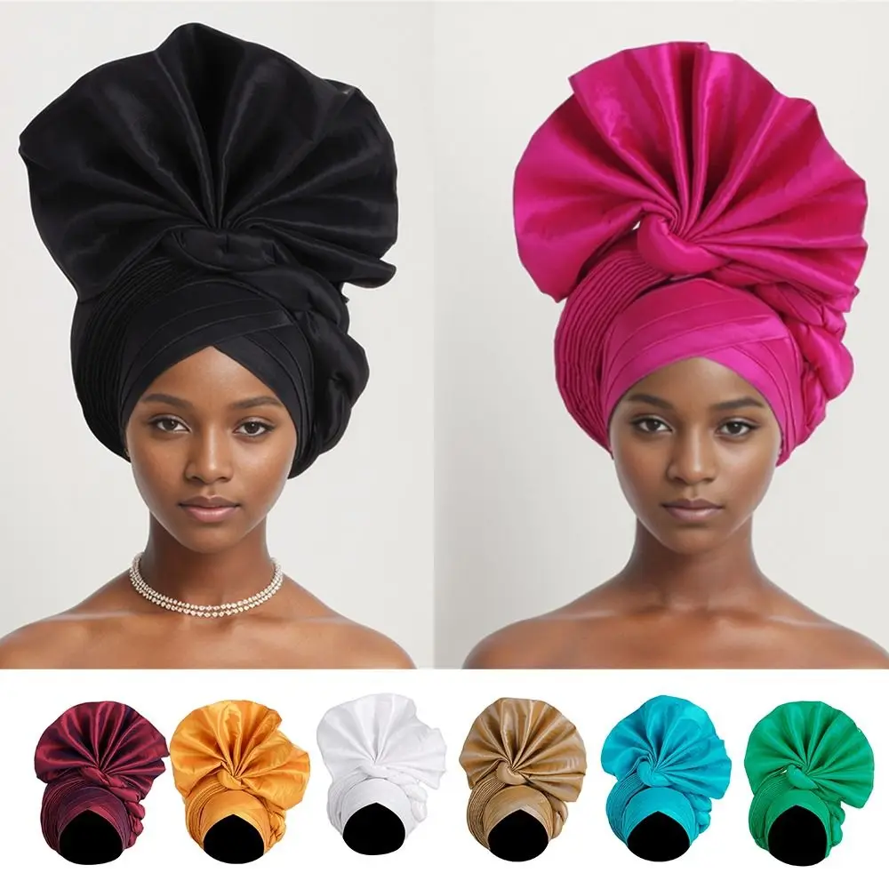 New Nigeria Raw Silk Turban Cap Adjustable Polyester Autogele Headtie Female Headbands