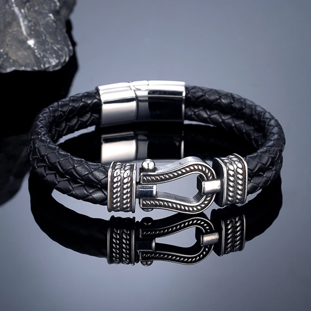 Men Braided Leather Bracelet Stainless Steel Horseshoe U Buckle Magnetic Clasp Punk Vintage Wristband Male Fashion Jewelry Gift