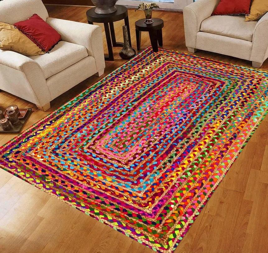 Rainbow Braided Pattern Printed Rug Colorful Abstract Carpet, Non-Slip Machine-Washable Carpets