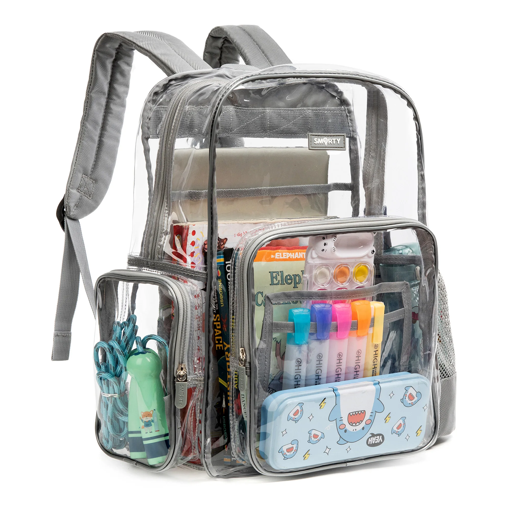 Clear Backpack for Women and Men, Transparent Bookbag, See Through PVC School Bag, Heavy Duty, Gray, L, XL