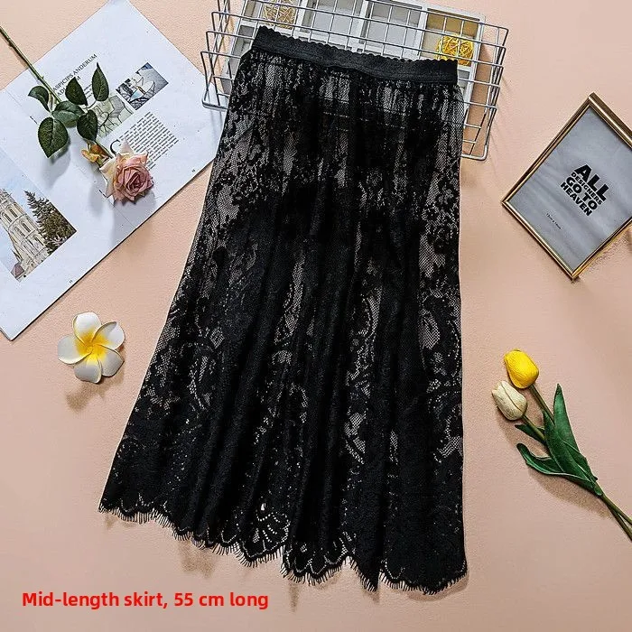 

High Waist Midi Lace Skirt Transparent Me Base Layer A-Line Skirt Chinese Sle mid Summer Season with Inner
