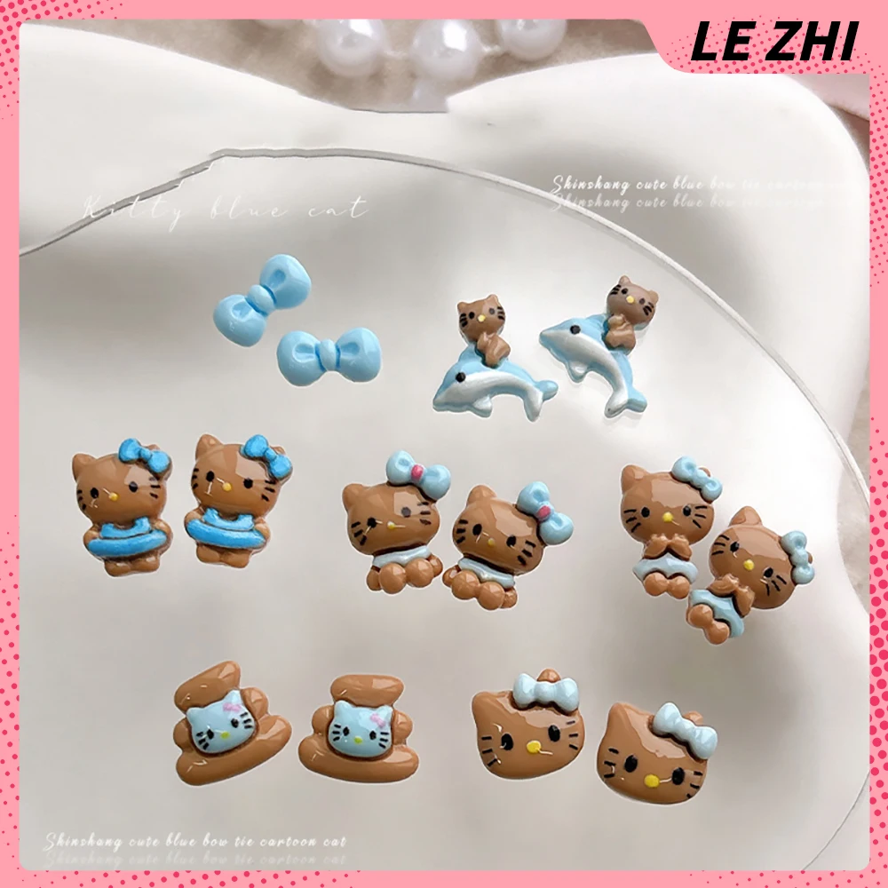 Kawaii Ocean Blue Cartoon Accessori per unghie 20 pezzi Pelle nera Hello Kitty Resina Testa di gatto Delfino Decor Art Charms Forniture di gioielli