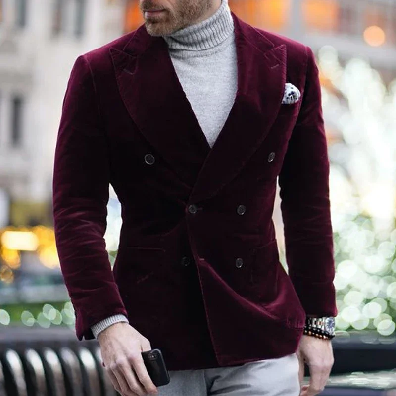 Velvet Smoking Jacket for Men 1 PC Burgundy Slim Fit Double Breasted Fashion Blazer Male Groom\'s Coat 2024