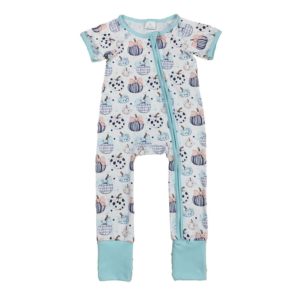

8.16 Baby Infant Girls Blue Bows Pumpkins Fall Zipper Footie Rompers