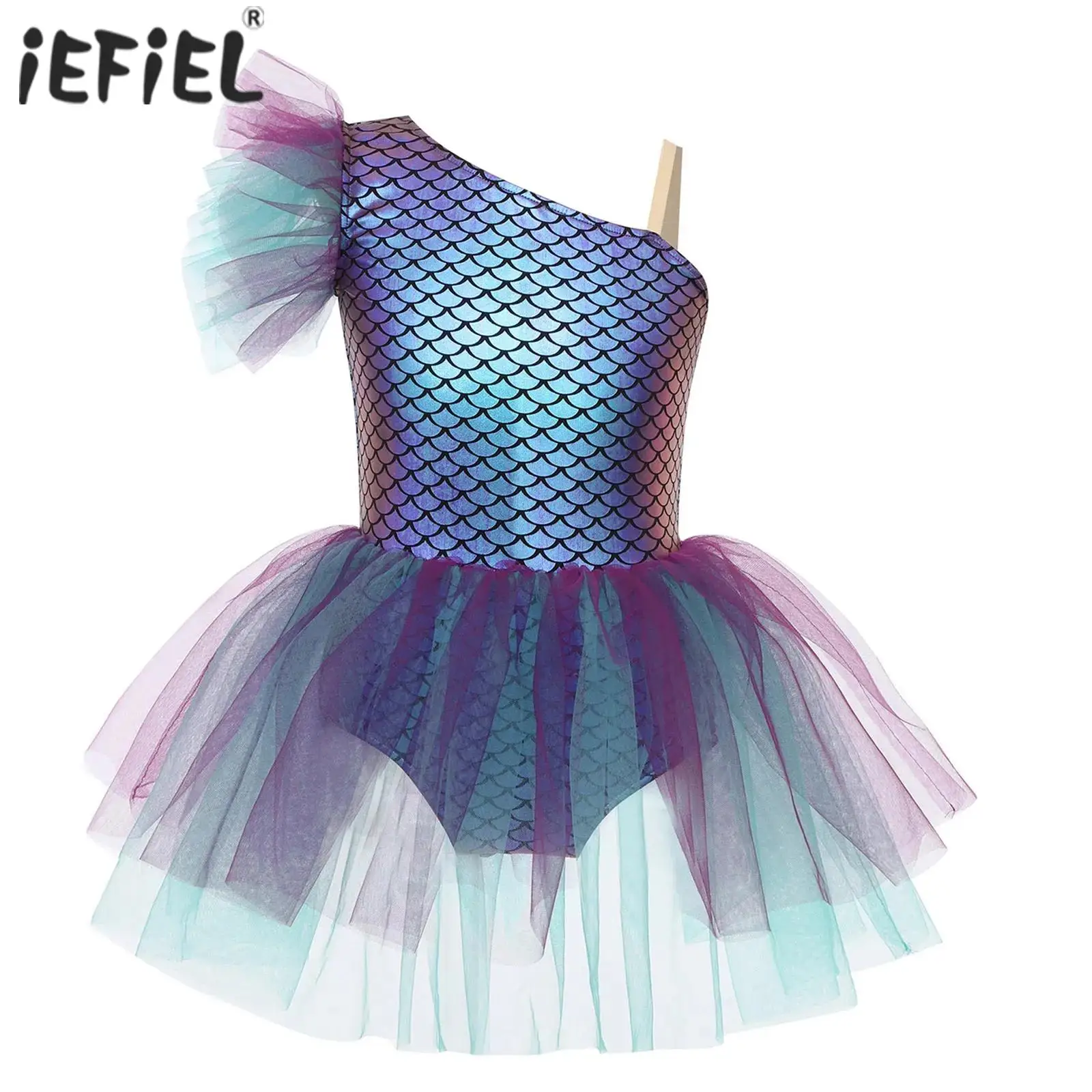 Kid Girls Ballet Gymnastics Leotard Dress Mermaid Ballerina Princess Costume One Shoulder Sleeveless Fish Scales Tutu Dress