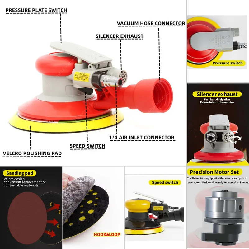 6 Inch(150mm)Center Vacuum Air Sander Pneumatic Orbital Polisher Eccentric Remove Dust Grinding Machine Palm Buffer Sanding Tool