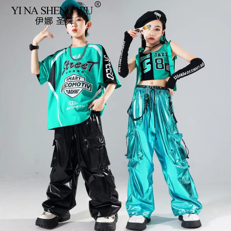 Boys Hip Hop Green T-shirt Shiny PU Leather Cargo Pants Girls Crop Top Kids Street Dance Streetwear Children Jazz Clothes Sets