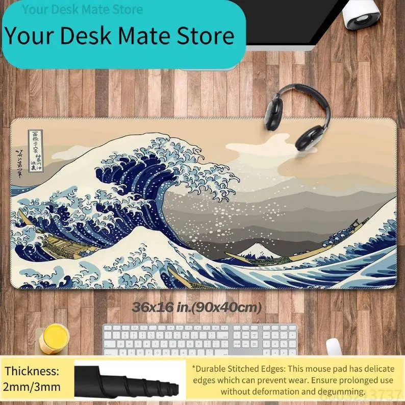 

1Pcs The Great Wave Off Kanagawa Print Large Stitched Edge Mouse Pad Non-Slip Desk Mat for Gaming Office