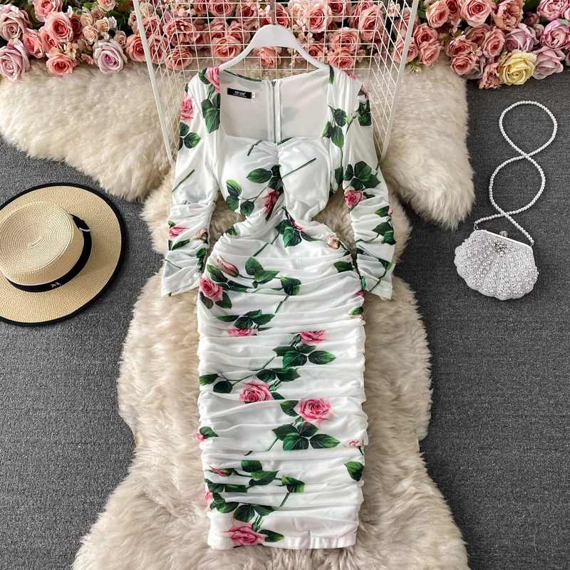 

Lady Luxury Rose Flower Square Neck Hip Long Dress Mesh Winter Autumn Zipper Back Dress Women Sexi Charming Dinner Banquet Dress