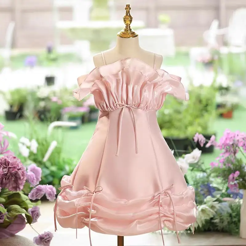 Jill Wish M024 Pink Satin Flower Girl Dress with Ruffled Collar Strapless Knee-Length Gown for Kids Birthday Wedding Party