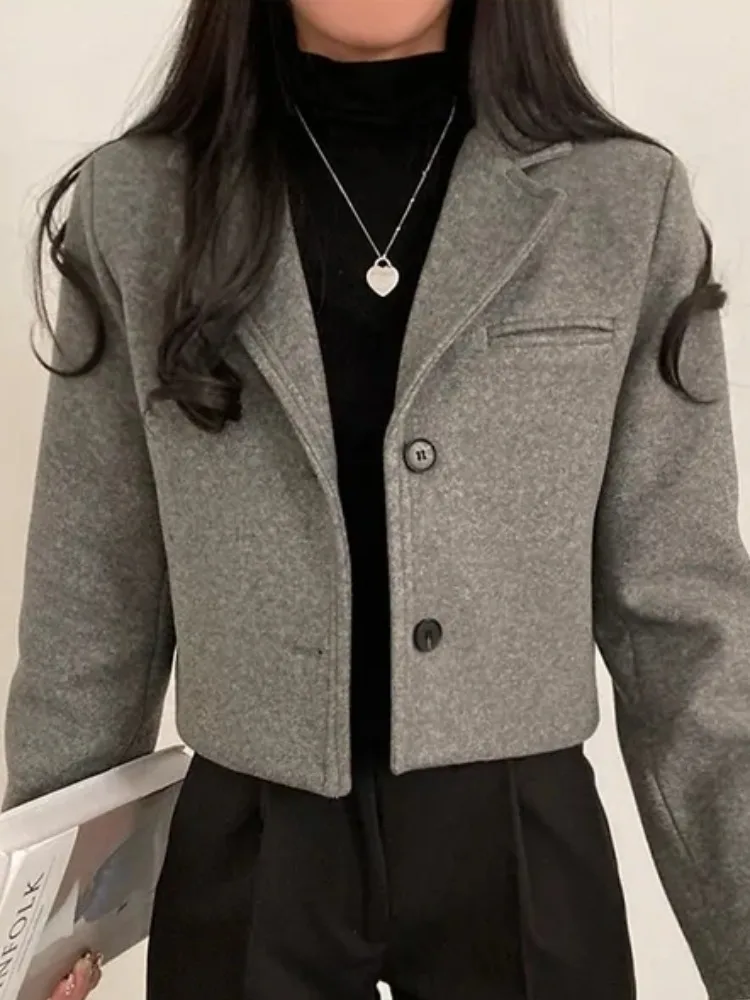 

Шикарный зимний шерстяной костюм в стиле ретро, женский жакет с двумя пуговицами и лацканами, теплый прямой крой, повседневная одежда, полиэфирное волокно