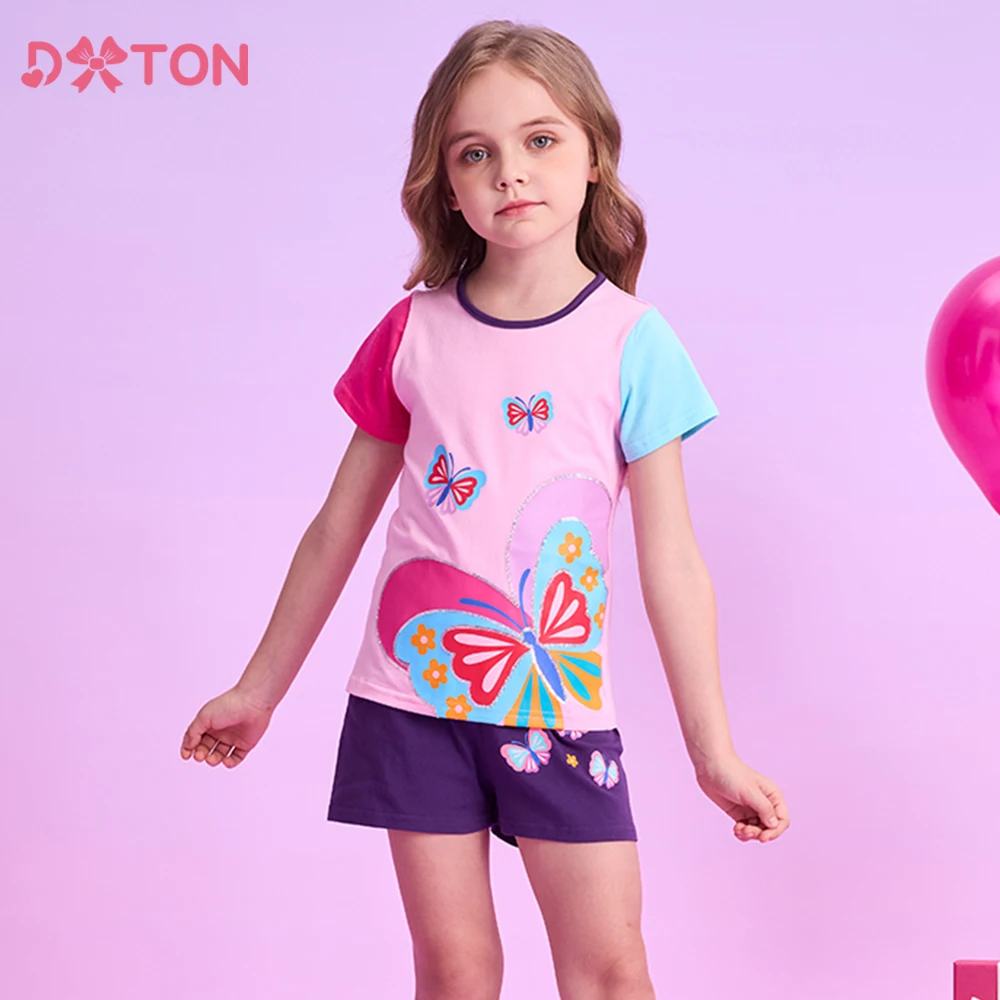 DXTON 2 قطعة دعوى الصيف الفتيات مجموعة المرقعة بلوزة قصيرة الأكمام بلايز + السراويل السراويل الفراشات طفل ملابس المدرسة مجموعة ملابس #1