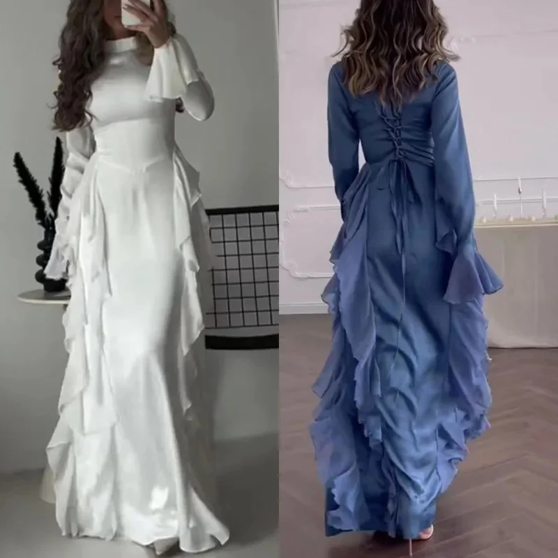 

Elegant Ruffled Long Dress With Graceful Charm High-Waisted Slim Fit Fairy-Style Evening Gown Flared Sleeve Evening Party Dress