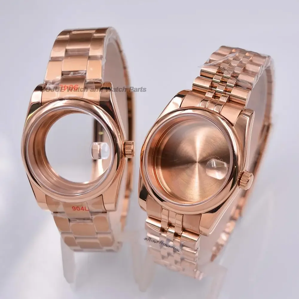

for Datejust 36mm/39mm Rose Gold Watch Case Round Edge Stainless Steel Bracelet Sapphire Glass Parts NH34 NH35 NH36 movement