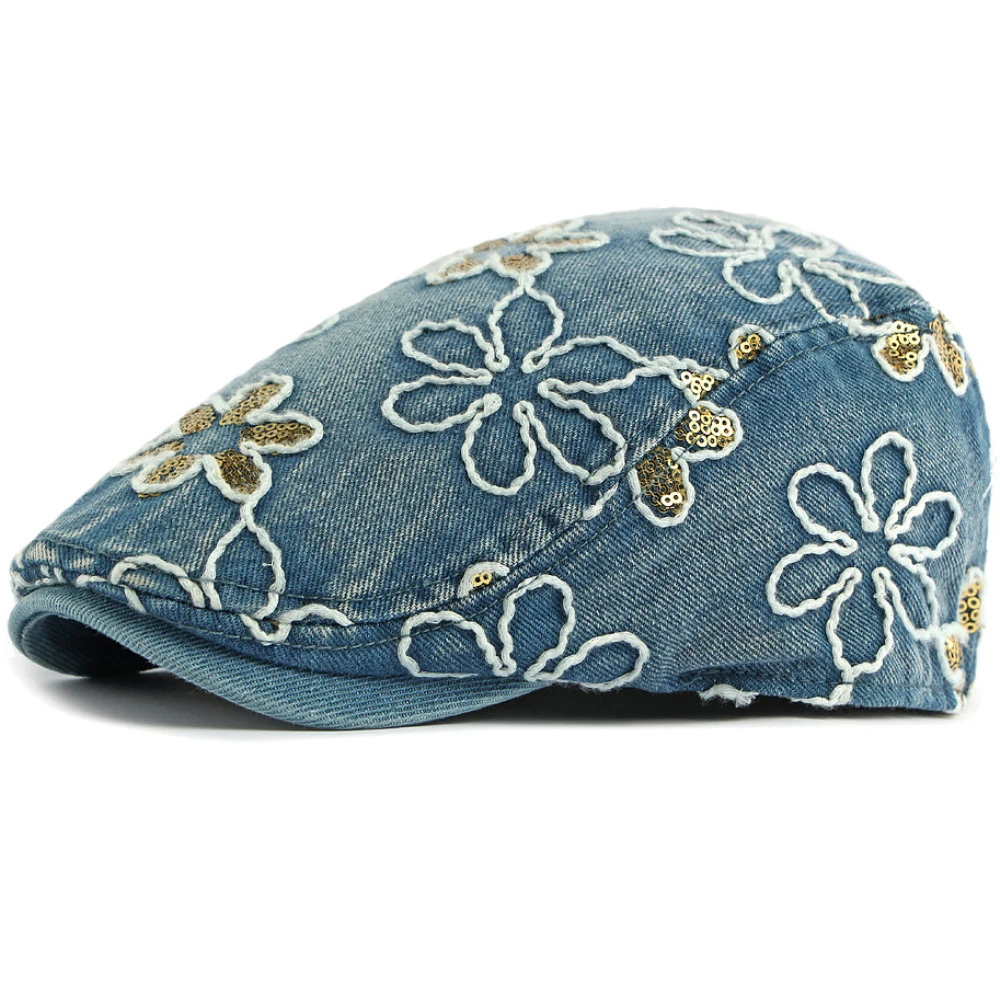 

HT5070 Mens Berets Women Vintage Artist Painter Beret Hat Male Female Cotton Ivy Flat Cap Stylish Sequin Flowers Denim Beret Cap