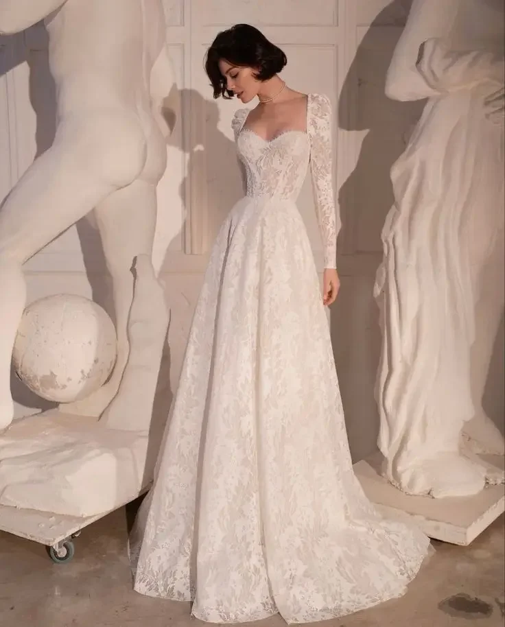 

Flavinke Customized Sexy Sweetheart Neck Long Cap Sleeve Back Button Full Lace A Line Wedding Dresses 2025 Bridal Gowns vestido