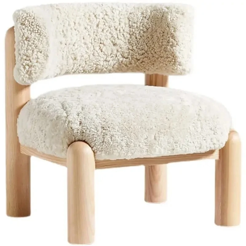 A  Nordic solid wood sofa chair modern simple chair log color imitation lamb plush leisure chair